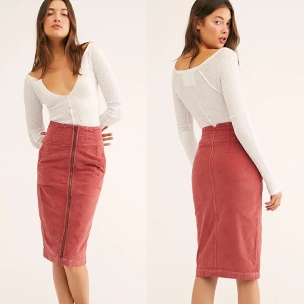New Free People Women Size 24 Red Pencil Skirt Zipped Midi Corduroy $108